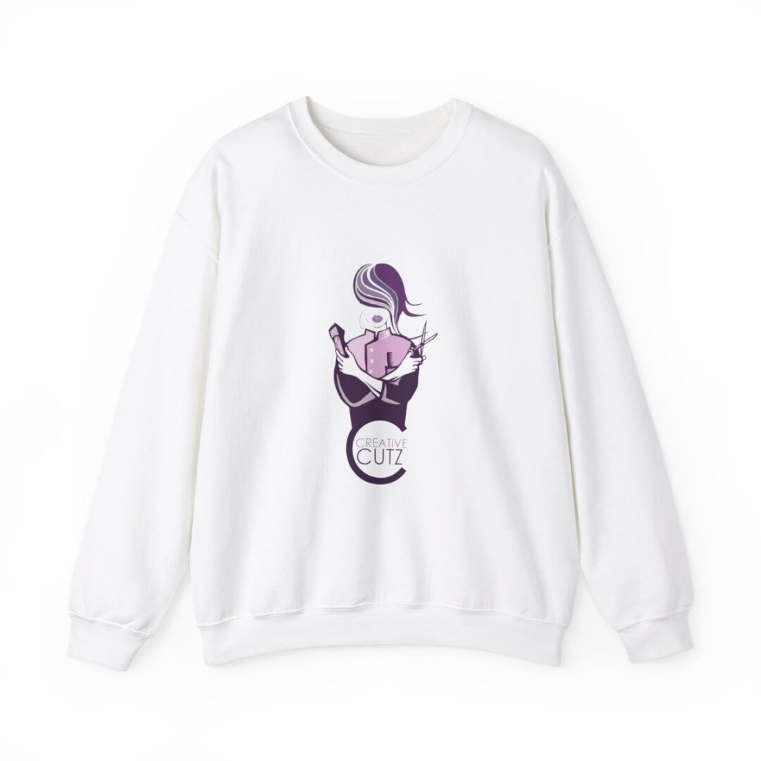 A white sweatshirt with an image of a cat.