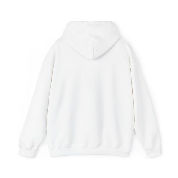 A white hoodie with a large logo on the back.