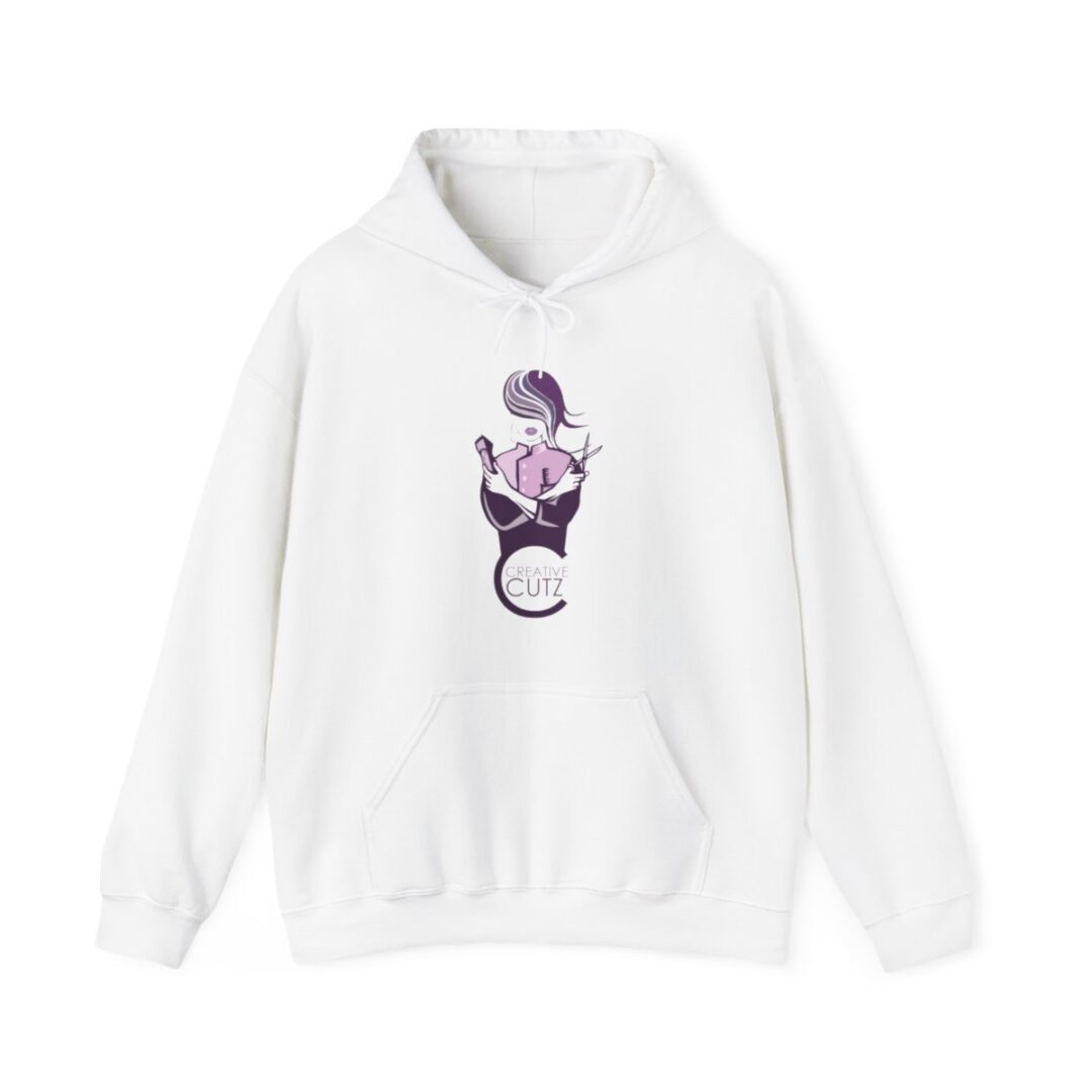A white hoodie with an image of a cat on it.