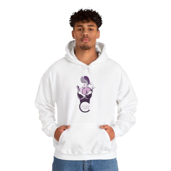 A man in white hoodie with purple flower on it.