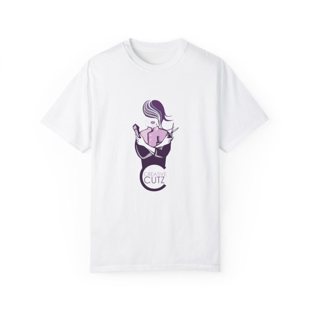 A white t-shirt with an image of a person holding something.