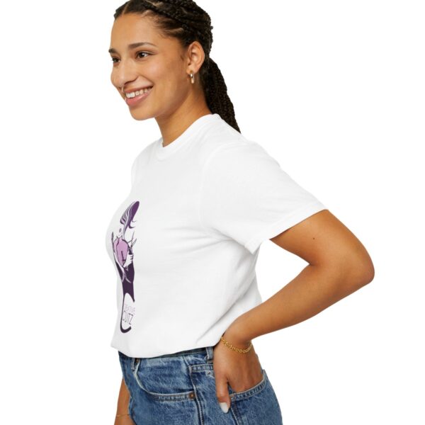 A woman wearing jeans and a white t-shirt.