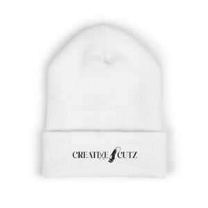 White beanie with "CREATIVE CUTZ" logo.