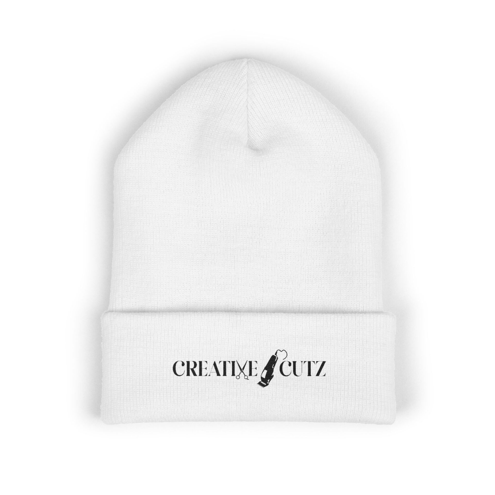 White beanie with "CREATIVE CUTZ" logo.